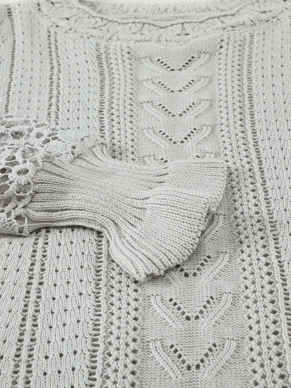 Gray Scallop Neck Crochet Lace Knit Sweater