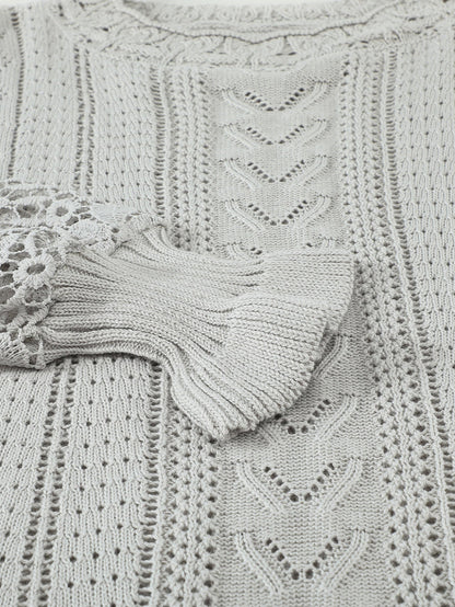 Gray Scallop Neck Crochet Lace Knit Sweater