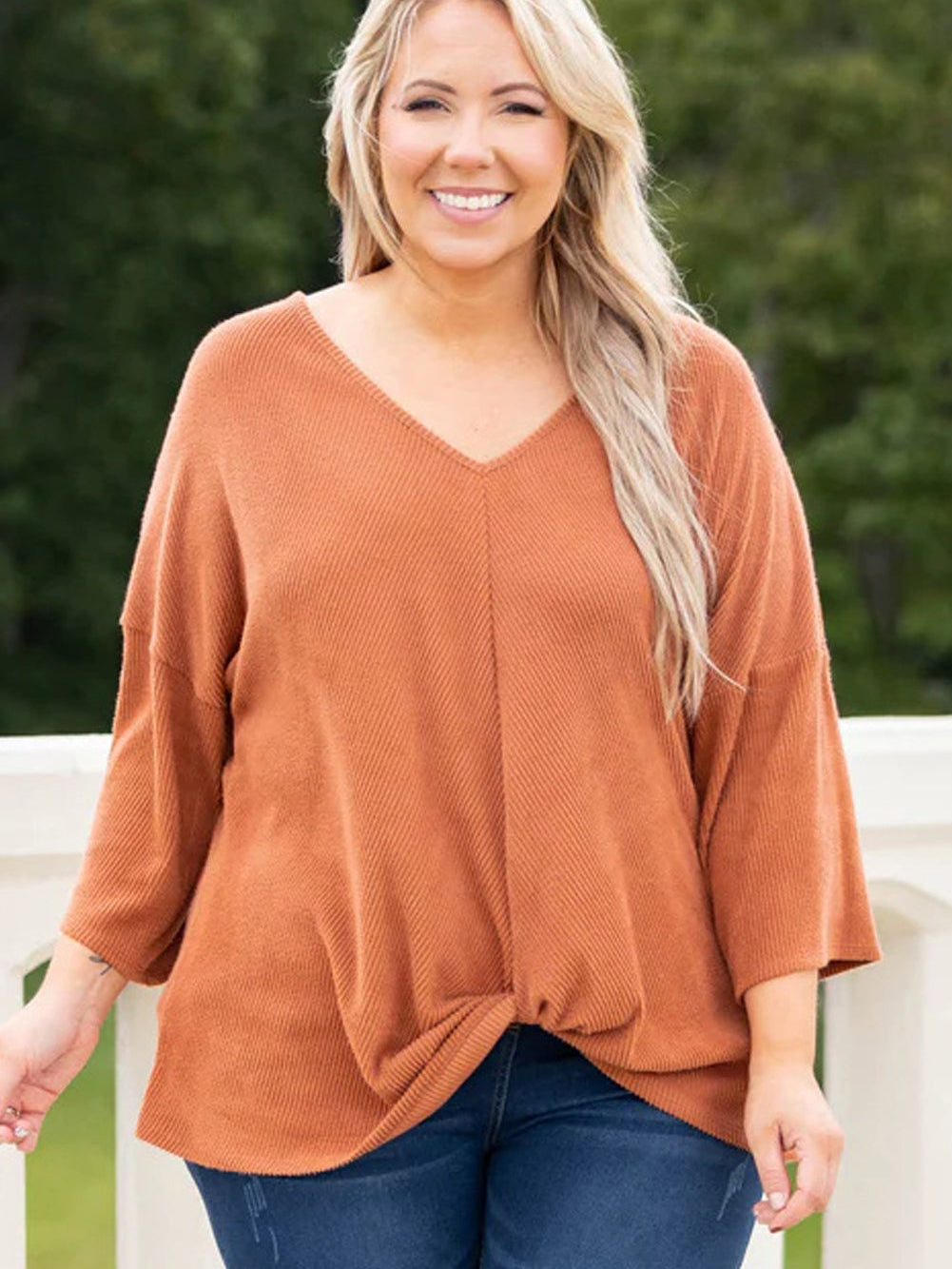 Gold Flame Plus Size Twist Hem Bracelet Sleeve Ribbed Top