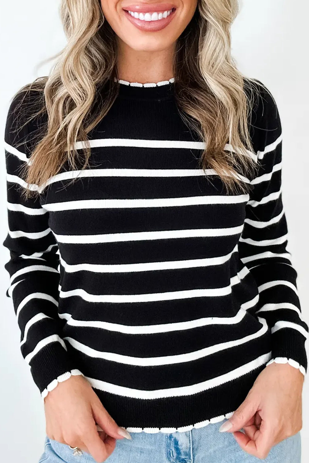 Black Stripe Contrast Trim Round Neck Ribbed Knit Sweater