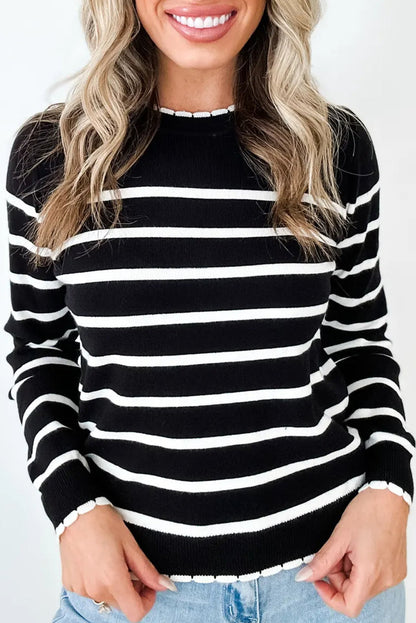 Black Stripe Contrast Trim Round Neck Ribbed Knit Sweater