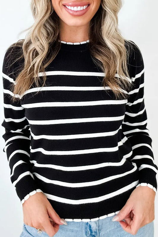 Black Stripe Contrast Trim Round Neck Ribbed Knit Sweater