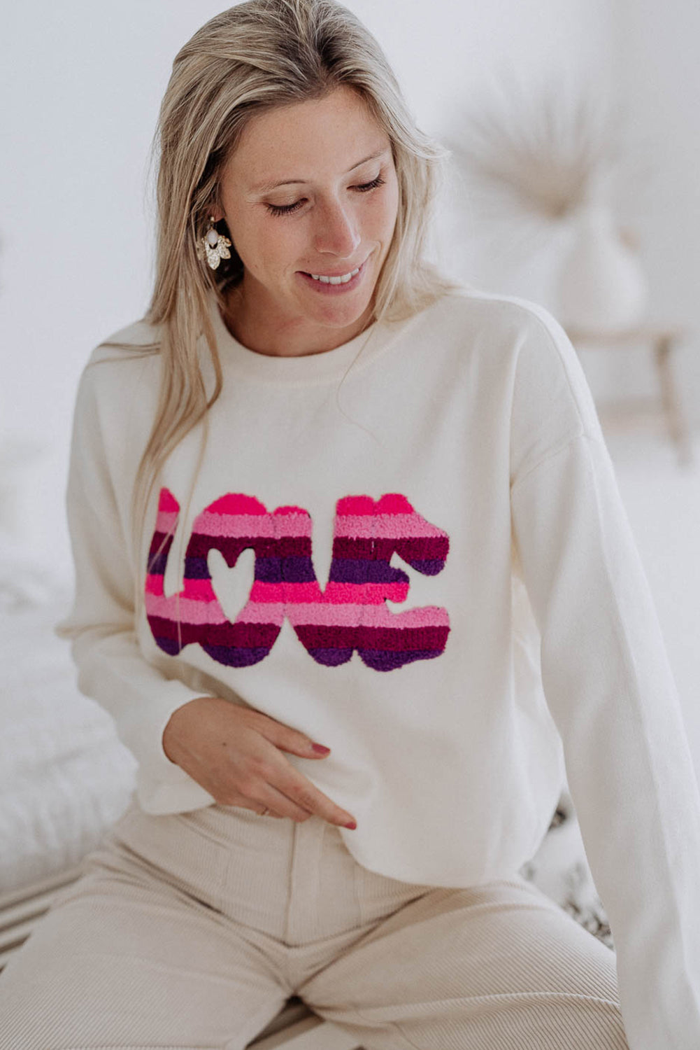 White LOVE Striped Chenille Letter Patched Sweaters
