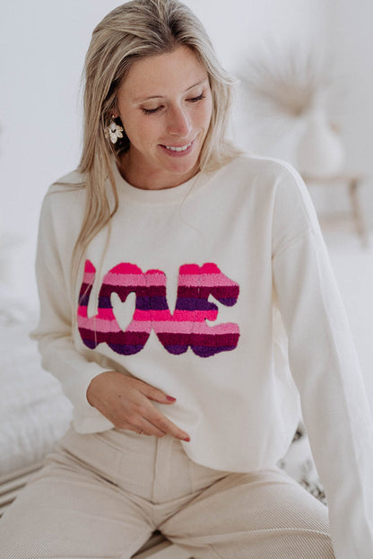 White LOVE Striped Chenille Letter Patched Sweaters