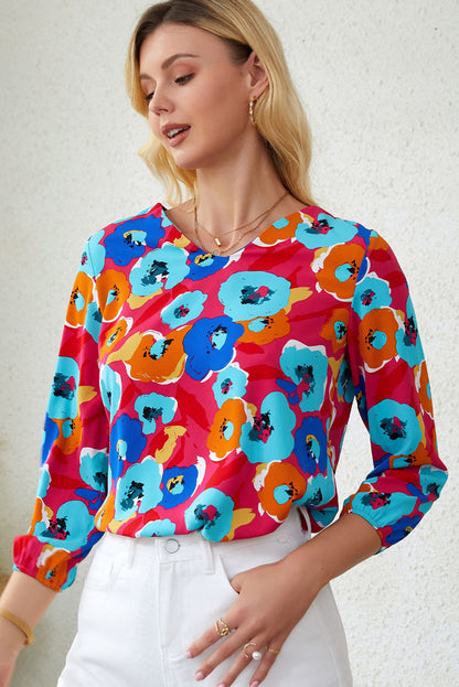 Elegant Rose Floral V Neck Blouse with Bracelet Sleeves