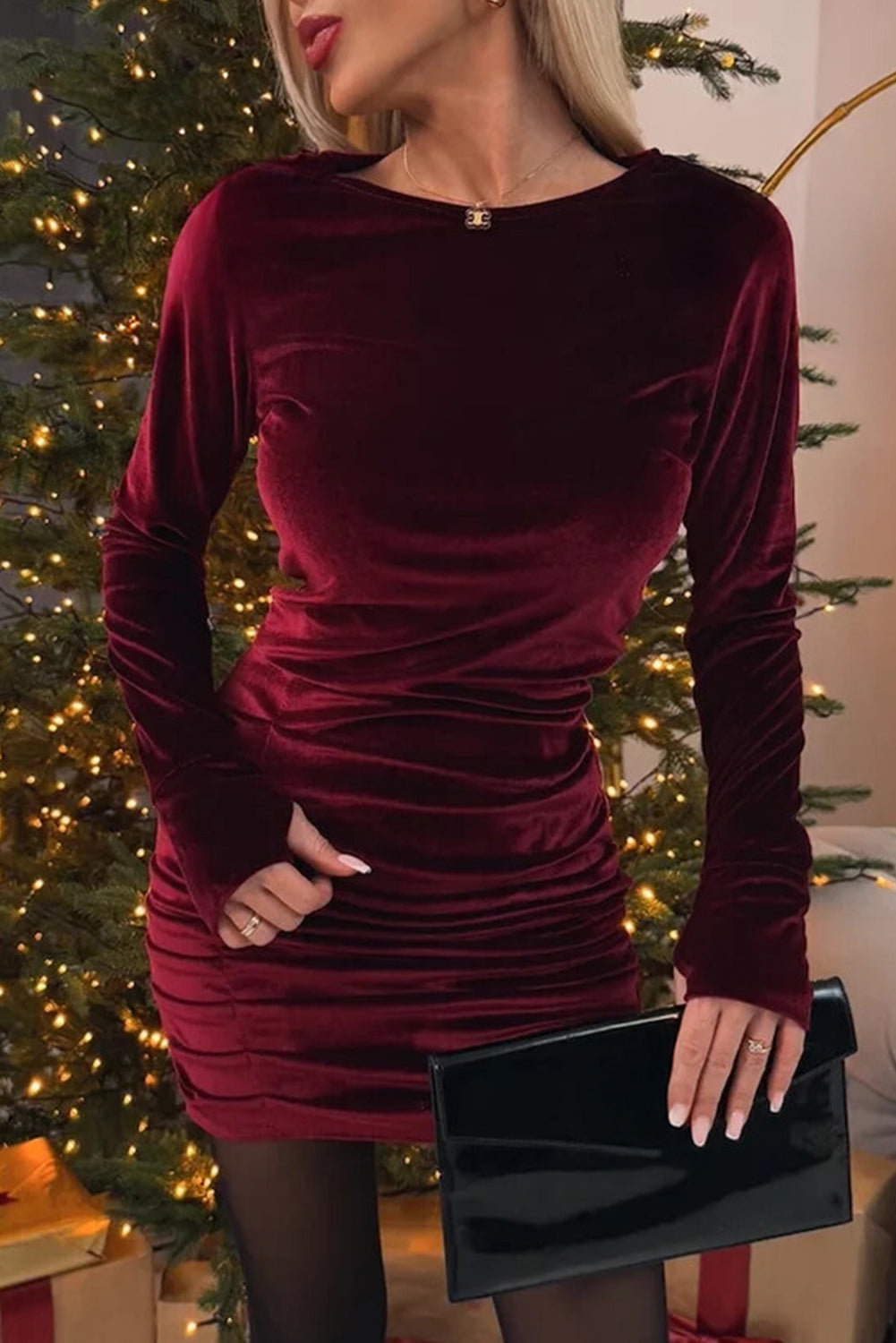 Burgundy Velvet Pleated Bodycon Long Sleeve Mini Dress