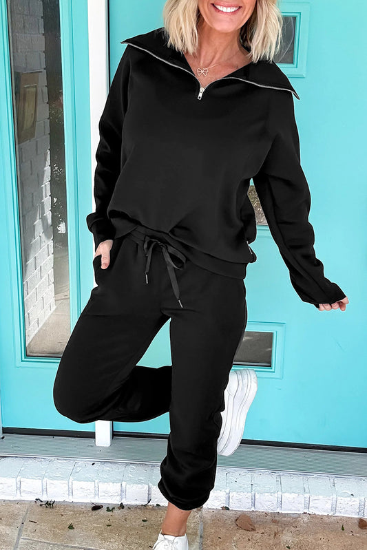 Black Zip Collar Long Sleeve Top Drawstring Pants Set