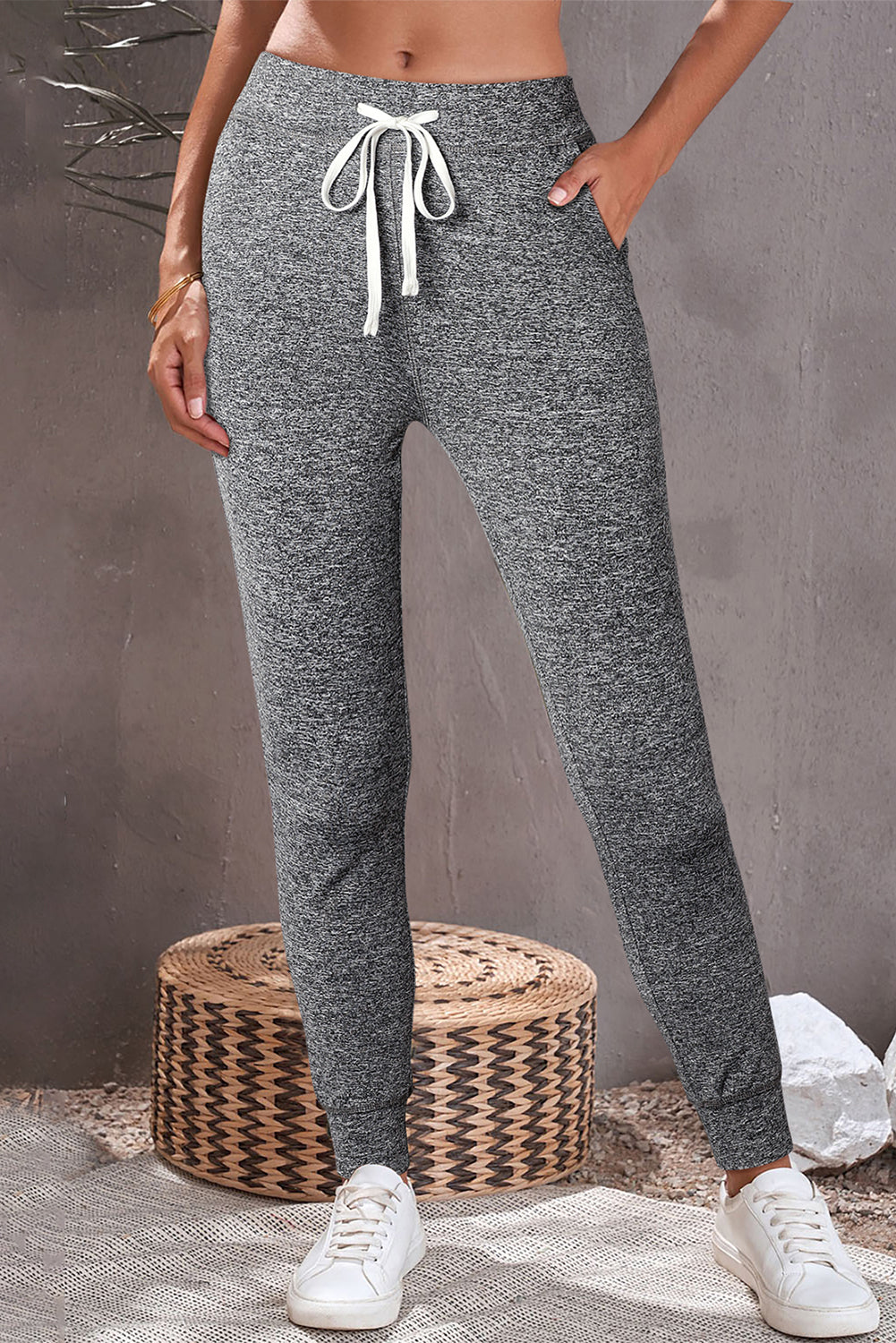 Gray Drawstring Elastic Waistband Pocketed Joggers