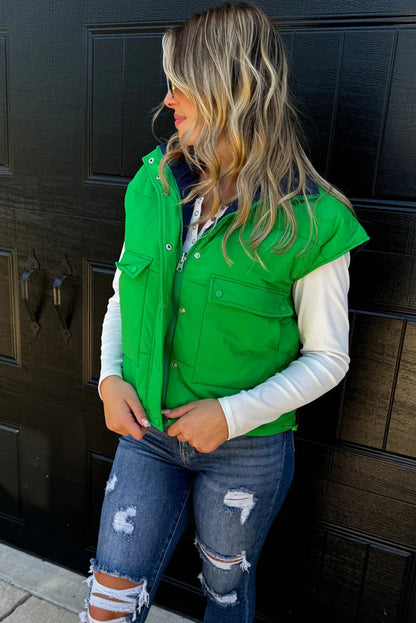Green Color Block Liner Patchwork Snap Button Zip Up Winter Vest