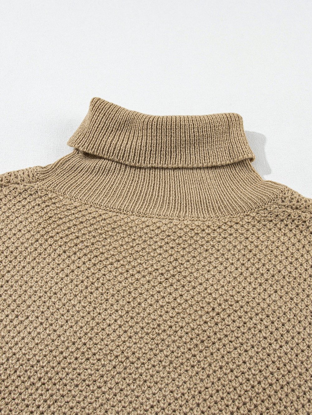 Elegant Pale Khaki Turtleneck Textured Short Sleeve Jumper