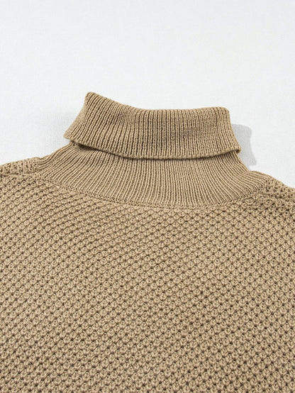 Elegant Pale Khaki Turtleneck Textured Short Sleeve Jumper