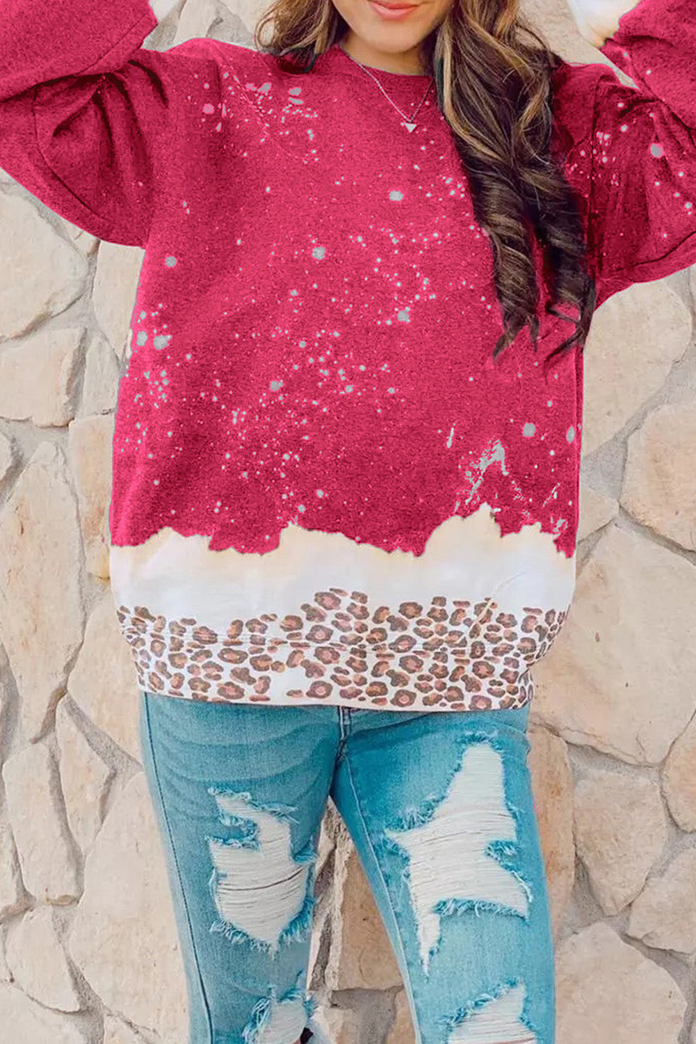 Flaming Red Leopard Print Bleached Pullover Sweater