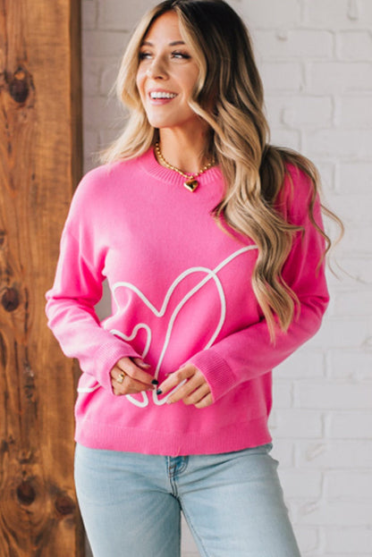 Heart Embroidered Ribbed Edge Crew Neck Sweater