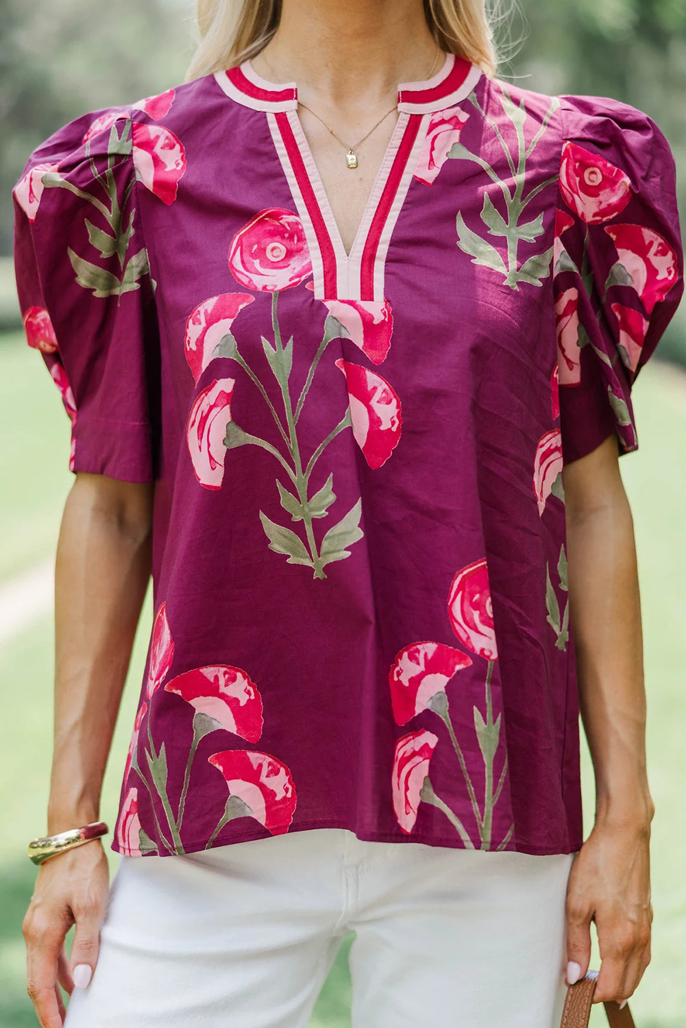 Red Floral Print Short Puff Sleeve Contrasted Striped V Neck Blouse