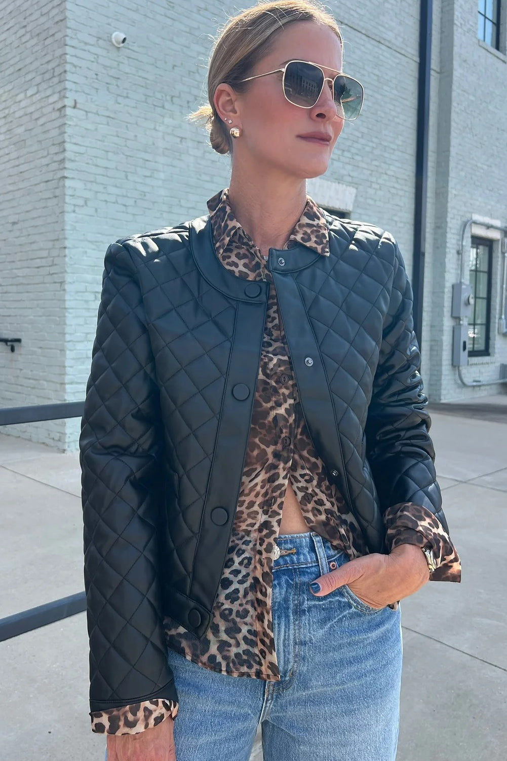 Black Faux Leather Quilted Snap Button Winter Jacket