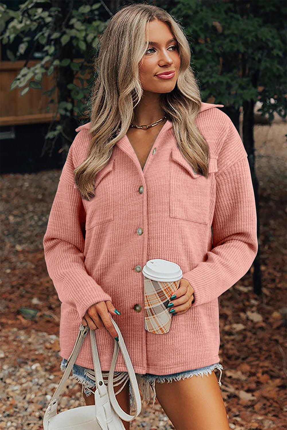 Gossamer Pink Ribbed Knit Buttons Front Flap Pocket Casual Shacket