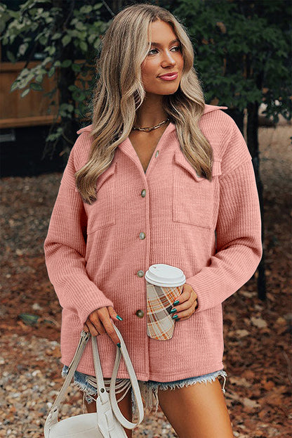 Gossamer Pink Ribbed Knit Buttons Front Flap Pocket Casual Shacket