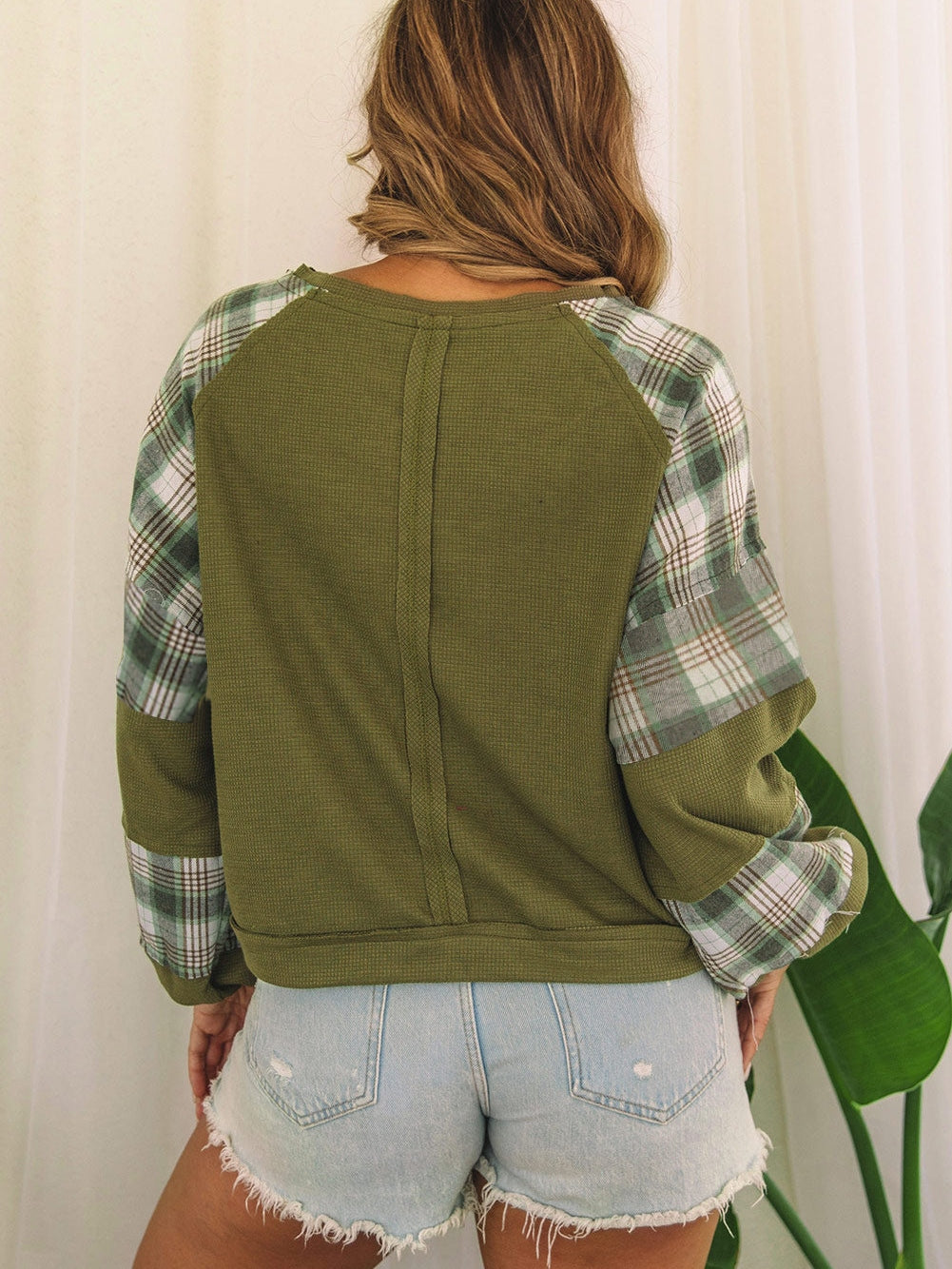 Green Plaid Bubble Sleeve Waffle Knit Patchwork Top