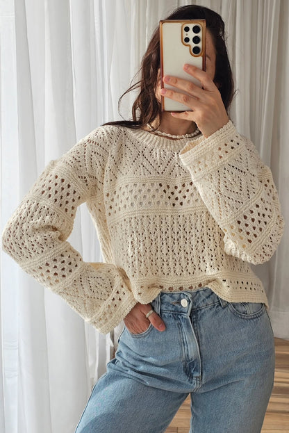 Beige Mix Pattern Hollow Out Knitted Casual Sweater