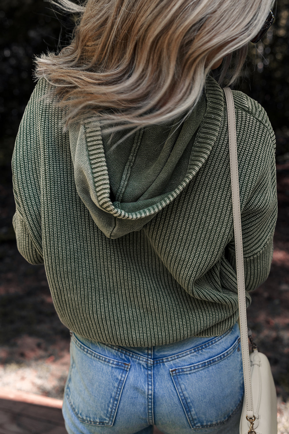 Mist Green Mineral Wash Ribbed Knit Button Drawstring Neck Hooded Sweater