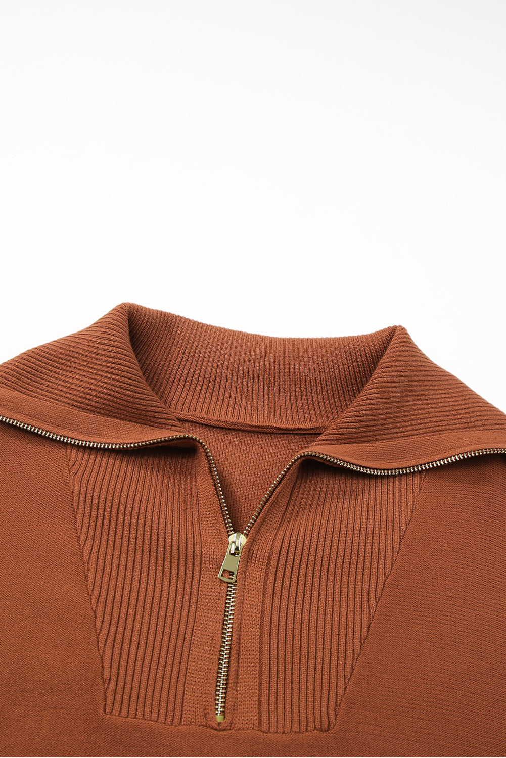Cozy Brown Zip-Up Collar Plus Size Sweater with Ribbed Detail