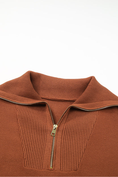 Cozy Brown Zip-Up Collar Plus Size Sweater with Ribbed Detail