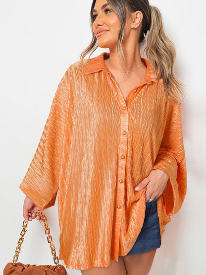 Grapefruit Orange Crinkled Texture Button-up Blouse with Wide Sleeves