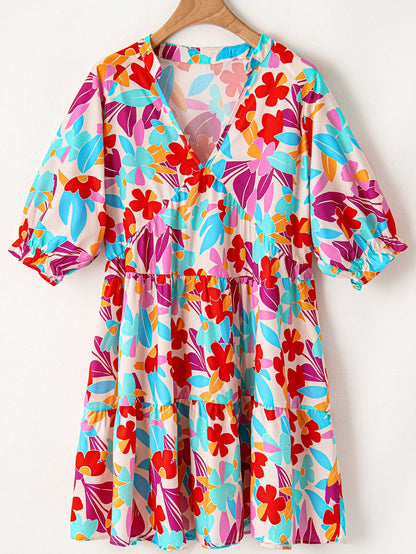 Multicolour Floral Tiered V Neck Plus Dress