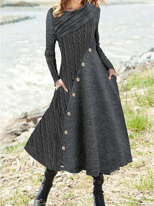 Women's Dress - Sweater Dress Winter Dress Knit Dress Midi Dress Gray Long Sleeve Pure Color Ruched Winter Fall Autumn Crew Neck Stylish Winter Dress Weekend Fall Dress 2023 S M L XL XXL 3XL