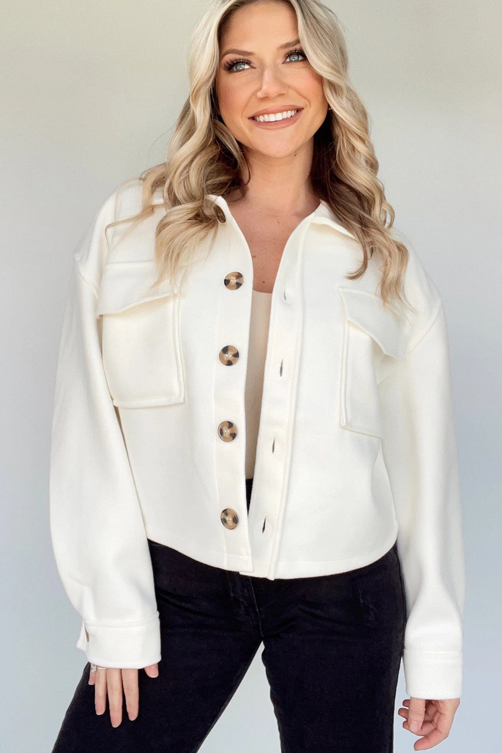 White Big Flap Pockets Chunky Boxy Fit Chic Jacket