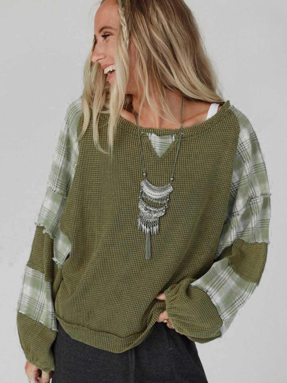 Green Plaid Bubble Sleeve Waffle Knit Patchwork Top