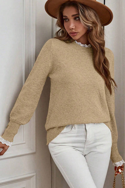Light French Beige Lace Trim Patchwork Buttoned Cuffs Loose Sweater