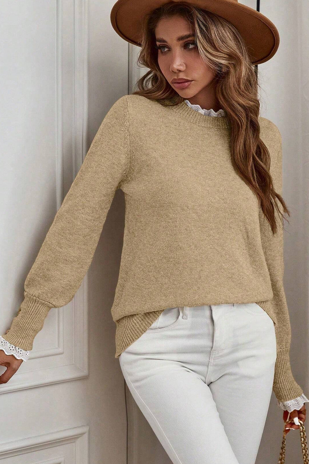 Light French Beige Lace Trim Patchwork Buttoned Cuffs Loose Sweater