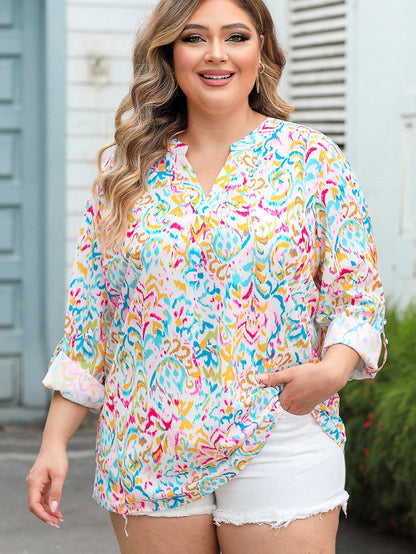 Geometric Print Plus Size V-Neck Blouse in Multicolor Shift Style