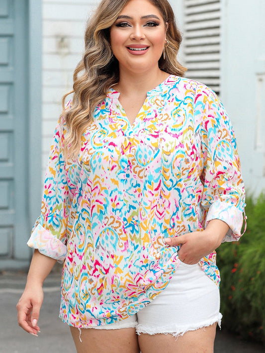Geometric Print Plus Size V-Neck Blouse in Multicolor Shift Style