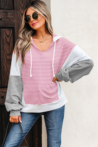 Pink Stripe Color Block Drawstring V Neck Loose Fit Hooded Top
