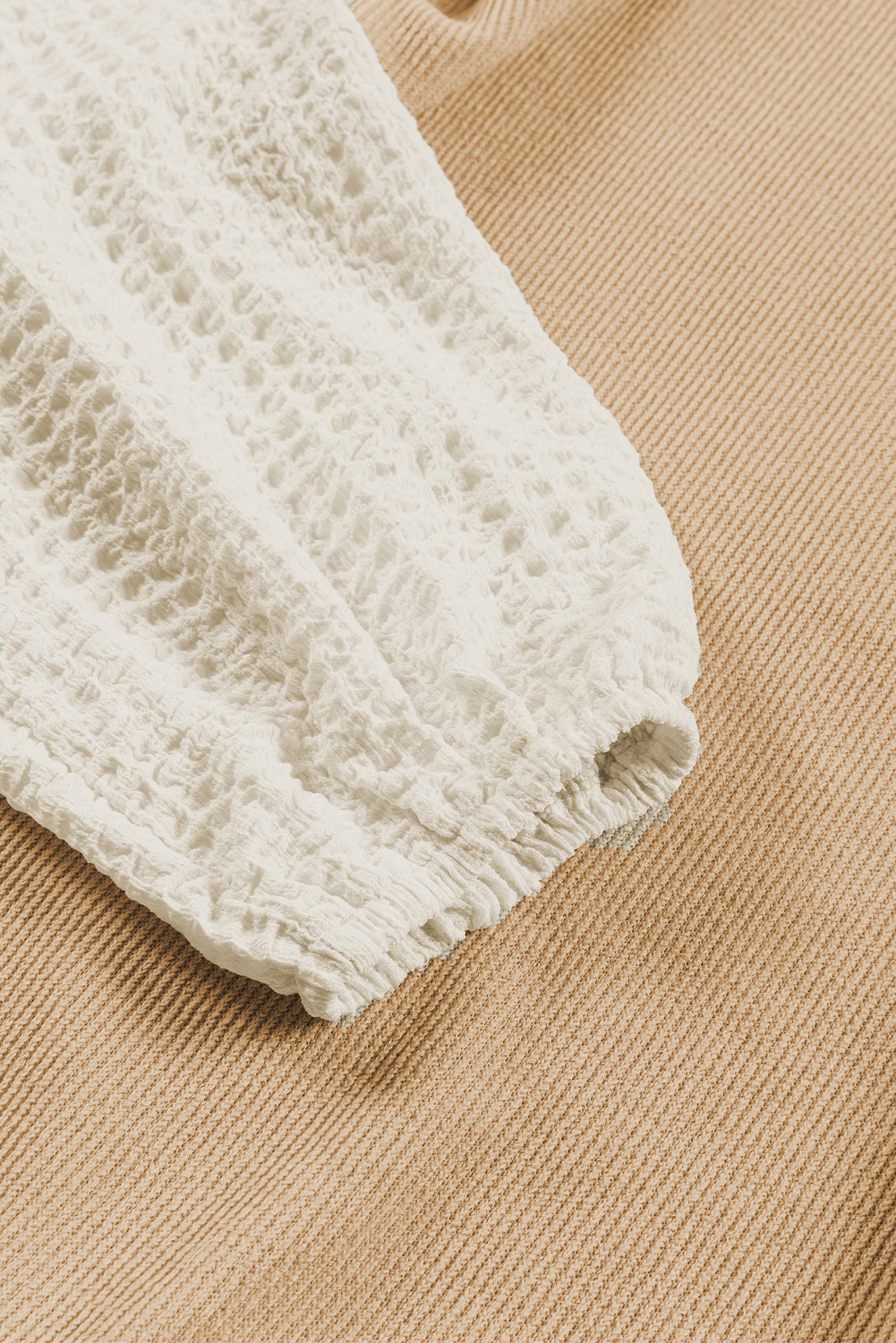 Gray Patchwork Puff Sleeve Crew Neck Top with Textured Detail