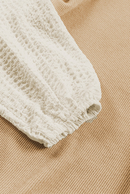 Gray Patchwork Puff Sleeve Crew Neck Top with Textured Detail