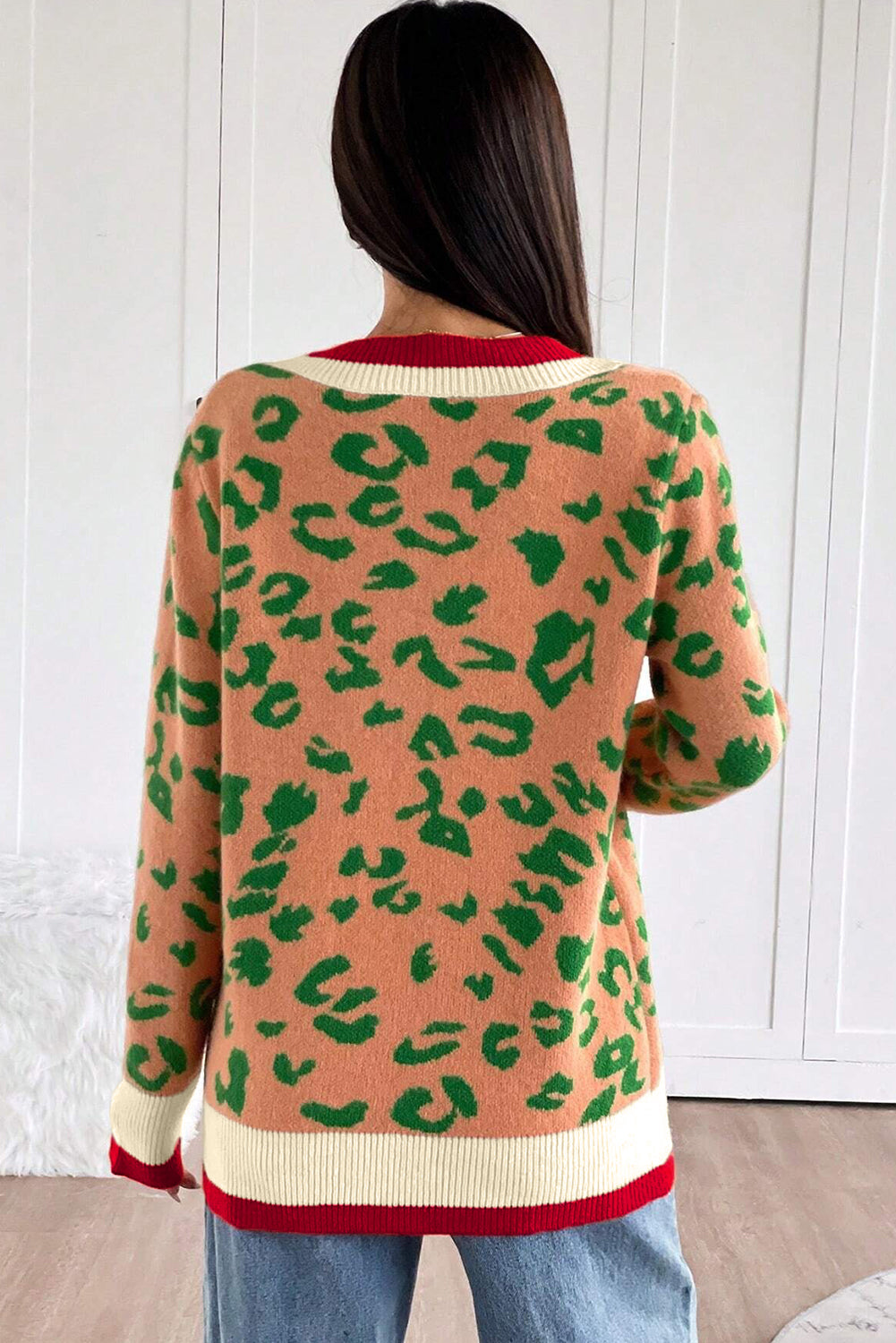 Orange Leopard Pattern Knit Contrast Striped Trim V Neck Sweater