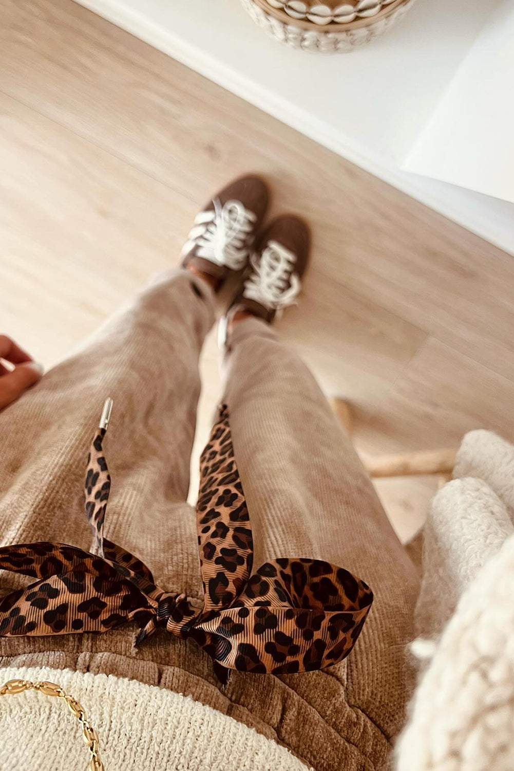 Parchment Leopard Drawstring Corduroy Tapered High Waist Trousers