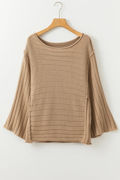 Brown Exposed Seam Ribbed Knit Dolman Top