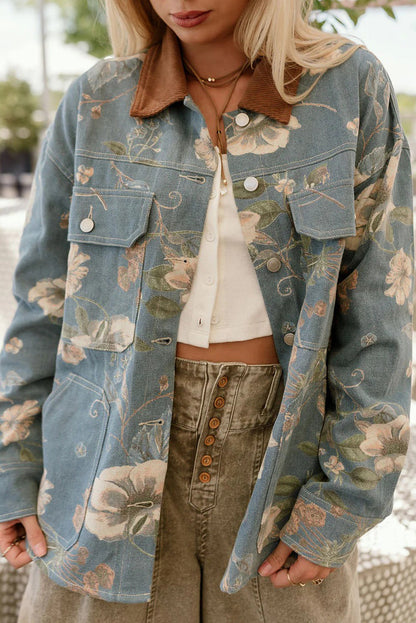 Sky Blue Floral Print Denim Contrasted Corduroy Collar Patchwork Jacket