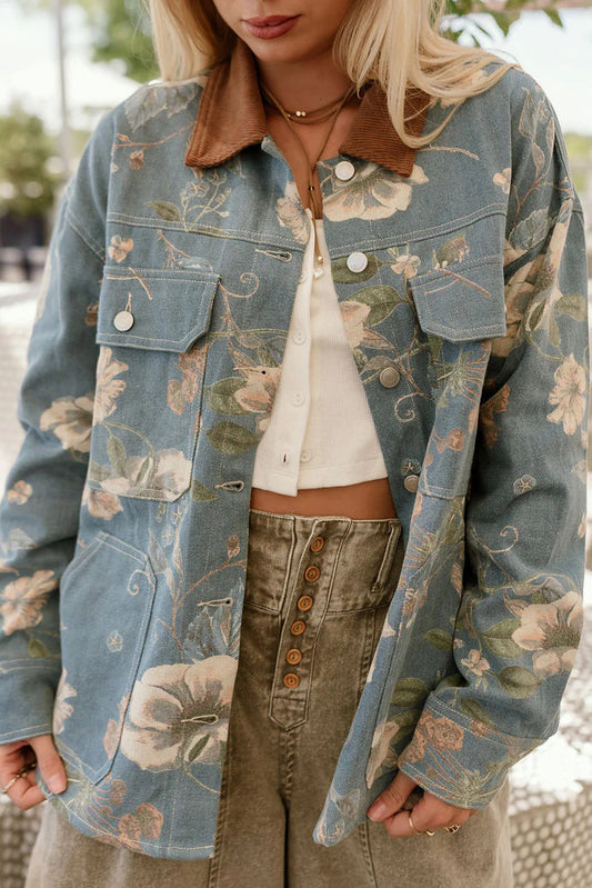 Sky Blue Floral Print Denim Contrasted Corduroy Collar Patchwork Jacket