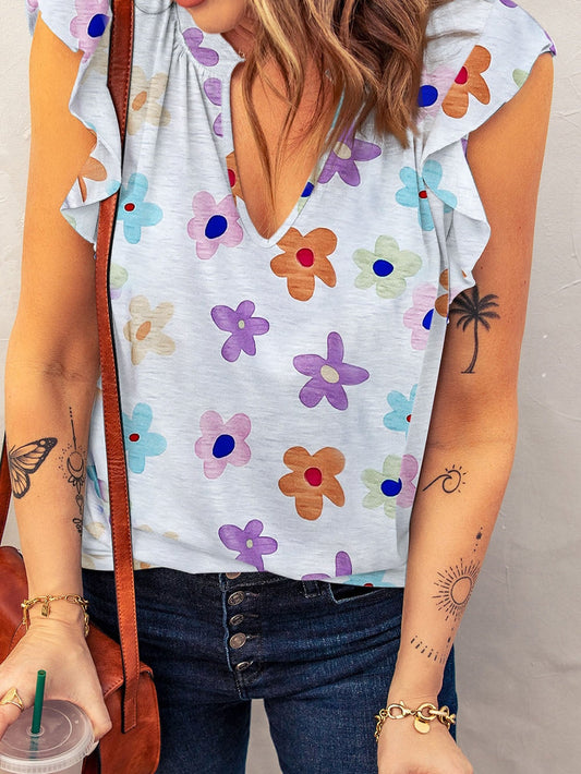 Fluttering White Floral V-Neck Tank Top