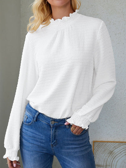 Elegant Textured White Lantern Sleeve Blouse with Smocked High Neck