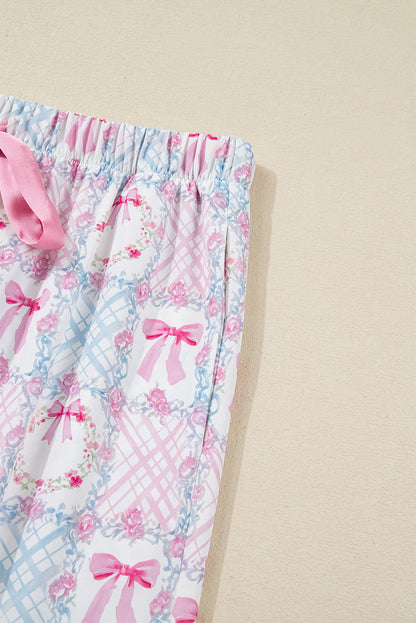 Pink Bow Wreath Pattern Christmas Holiday Tied Front Long Sleeve 2pcs Pajama Set