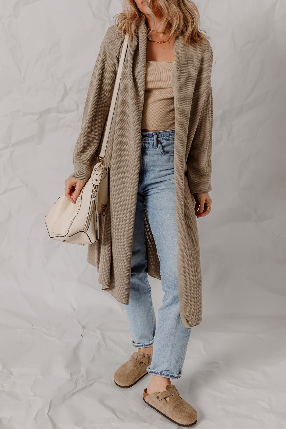 DUNE Solid Color Textured Knit Open Front Oversize Midi Sweater Cardigan