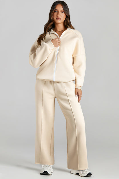 Beige Drop Shoulder Zip Up Jacket Drawstring Pants Active 2pcs Set