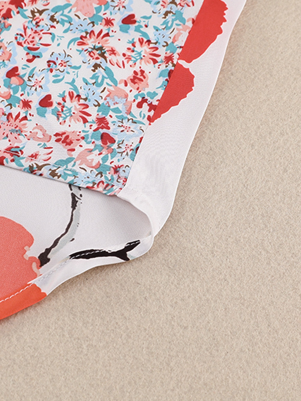 Fiery Red Floral Patchwork Button-Up Blouse with Front Pocket