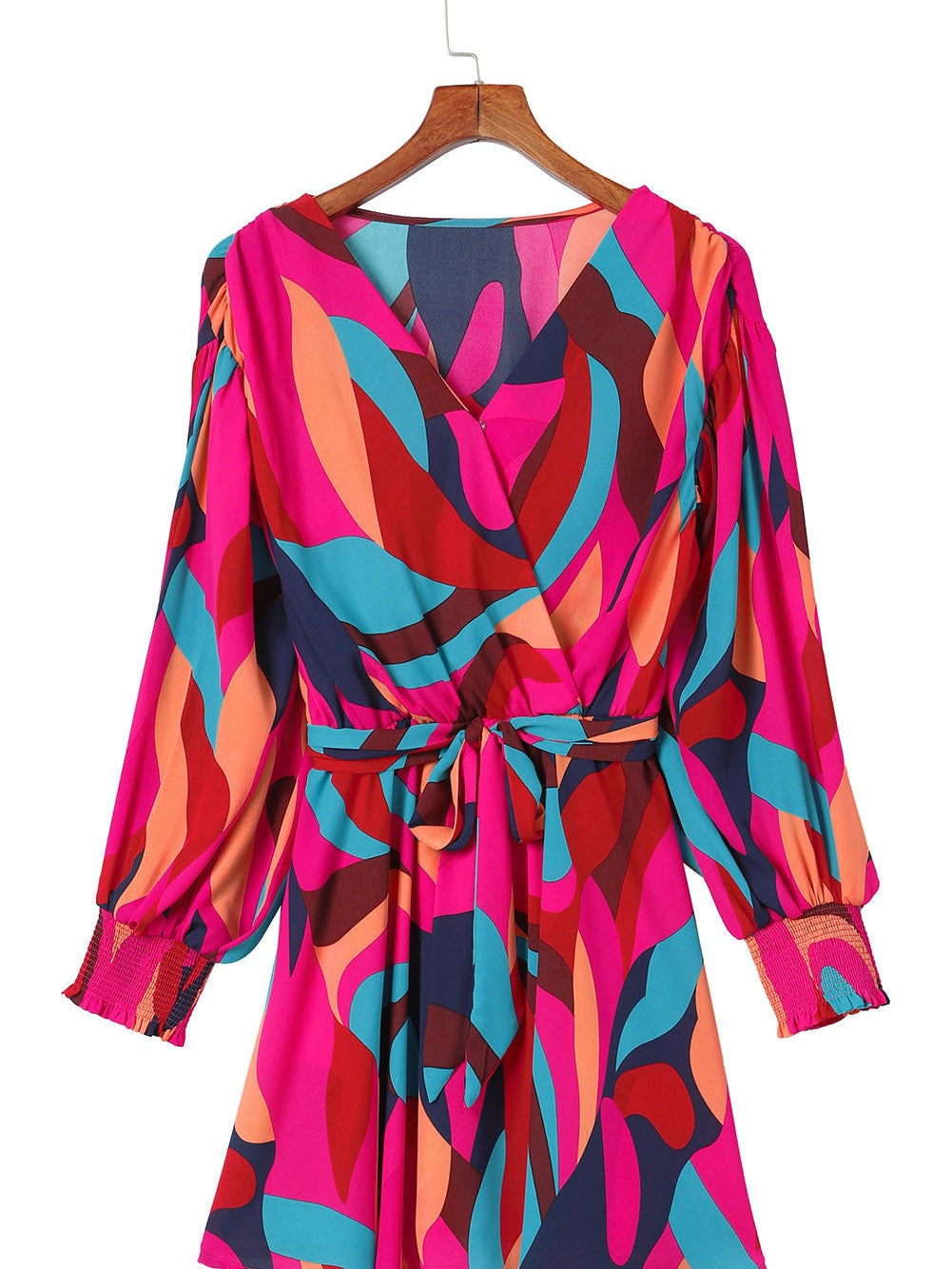 Lapel Print Lace-Up Long Sleeve Dress